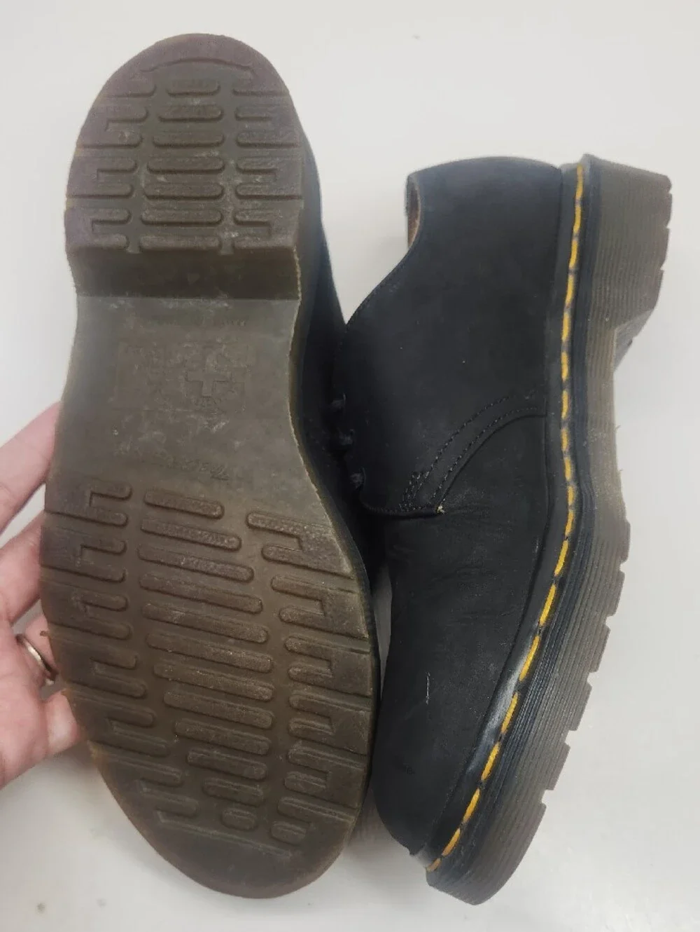 Dr. Martens Black Leather Derby Shoes with Yellow Stitching